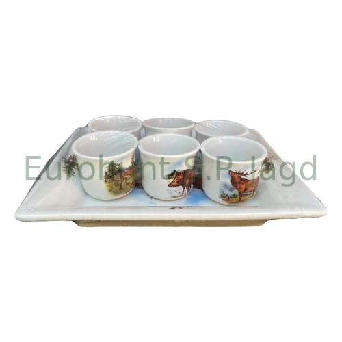 Porcelán szögletes tál+6 kupica pálinkás készlet
